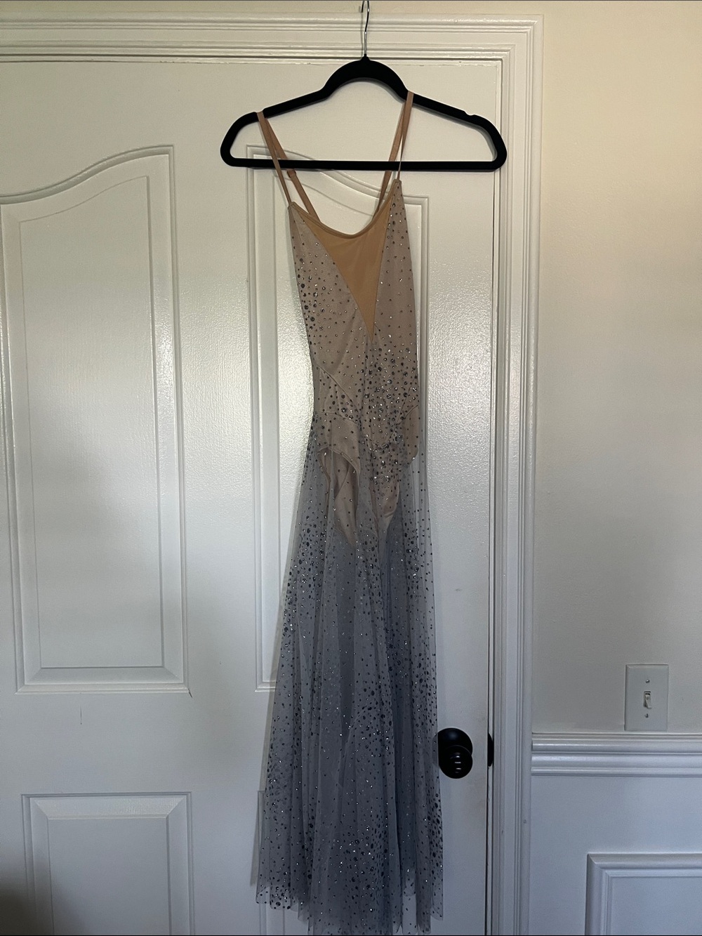 Sheer Grey Embellished Dance performance dress - Nude Lining